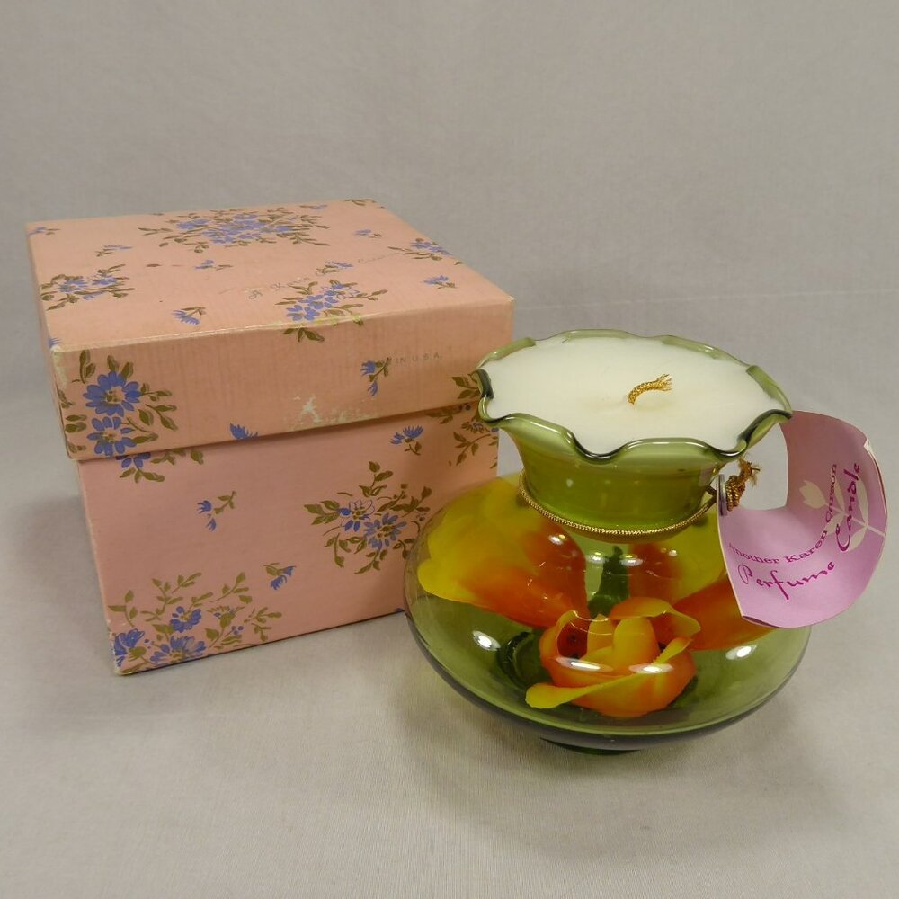 Vintage Karen Carson Perfume Candle NIB Green Glass Orange Flower 70s Kitsch USA